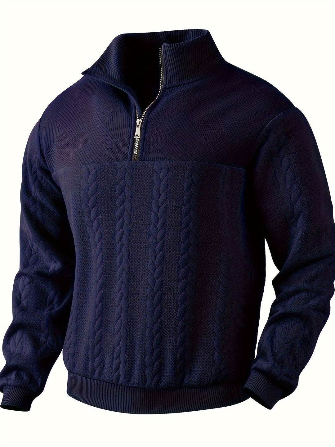 Front view of a men's classic vintage zip-up knit sweater. Versatile jumper for timeless cold weather style.