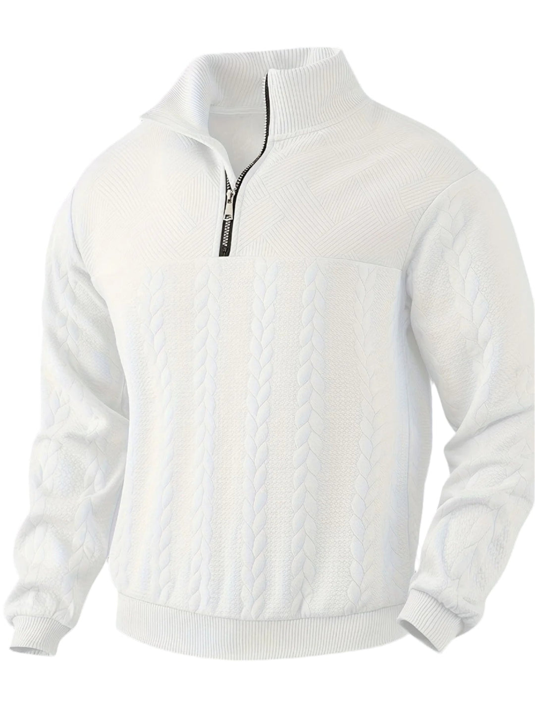 Close-up of the knit texture on a men's vintage zip-up sweater. Classic jumper detail for cold weather comfort.