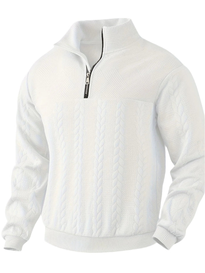 Close-up of the knit texture on a men's vintage zip-up sweater. Classic jumper detail for cold weather comfort.