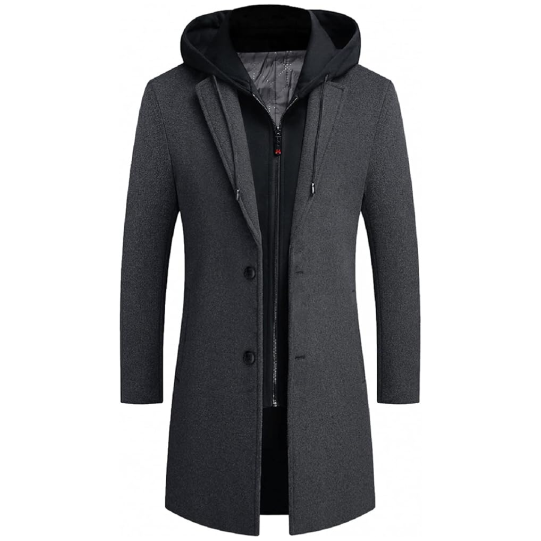 Stylish men's long winter coat, dark grey wool blend, featuring a sophisticated silhouette, suitable for office or casual.