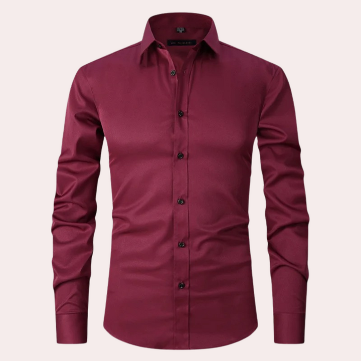 Men's comfort stretch dress shirt, versatile long sleeve button-down for business casual office wear.