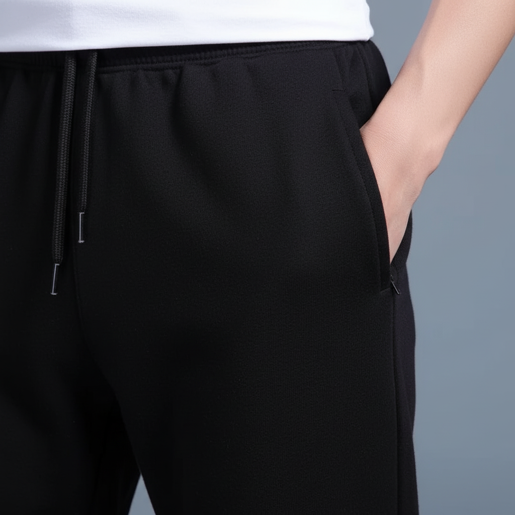 Close-up of olive green men's jogger pants showcasing soft cotton blend fabric and elastic waistband.