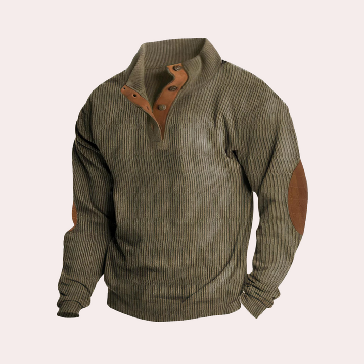Menswear corduroy sweater, comfortable long-sleeve jumper for versatile casual fall & winter outfits.