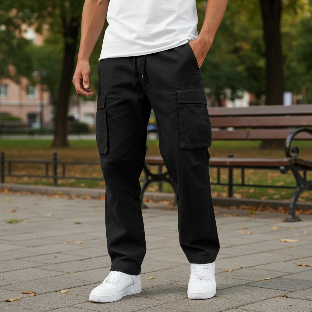 Men's comfortable cotton cargo joggers in black, perfect for casual wear or loungewear.