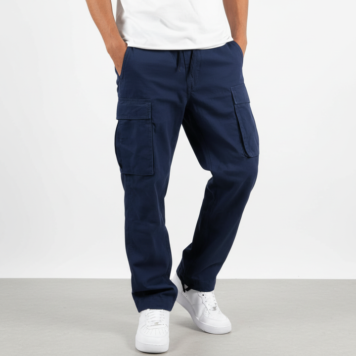 Folded pair of men's soft cotton cargo joggers, ready for travel or active use.