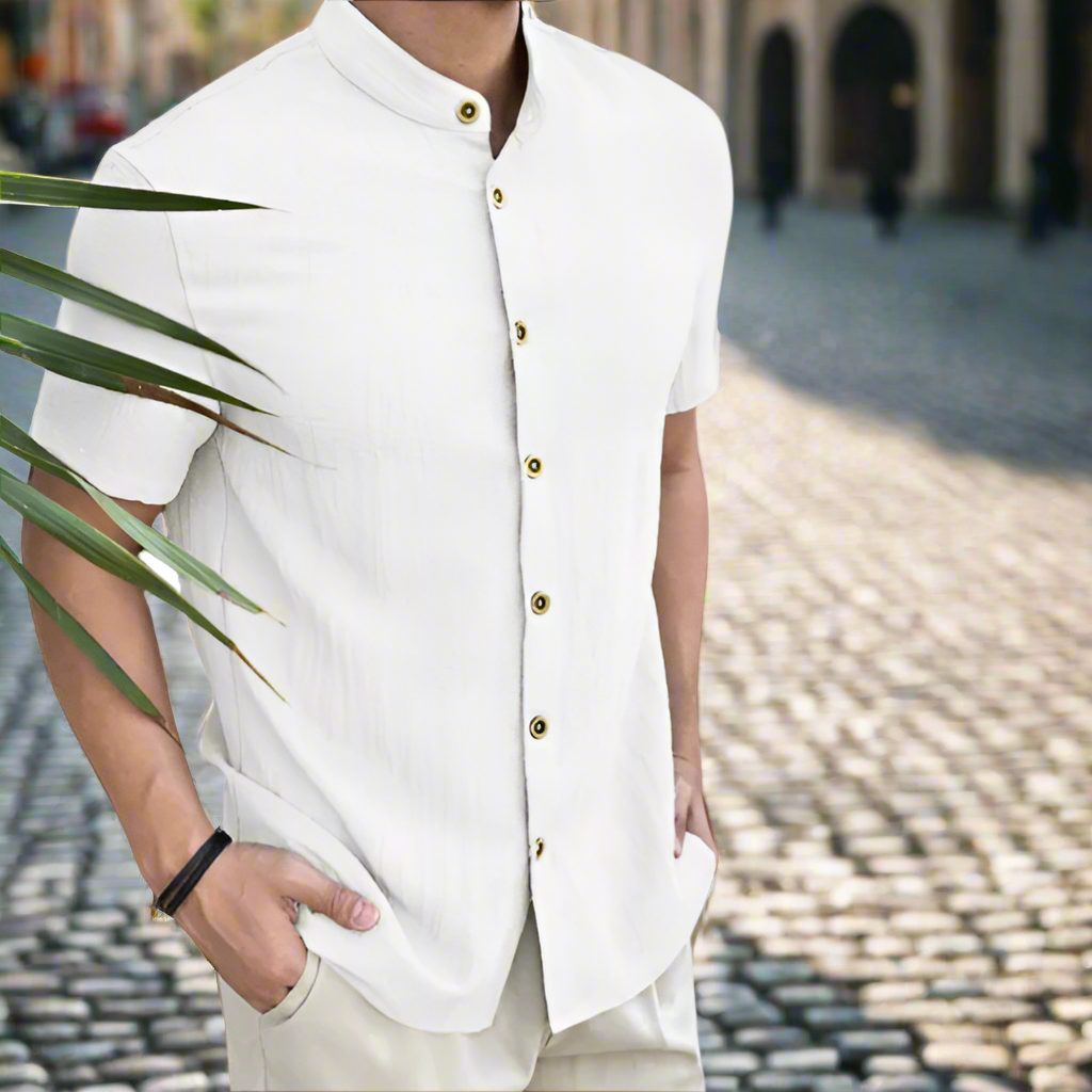 Men's comfortable linen button-up shirt in light blue, perfect for summer casual wear.