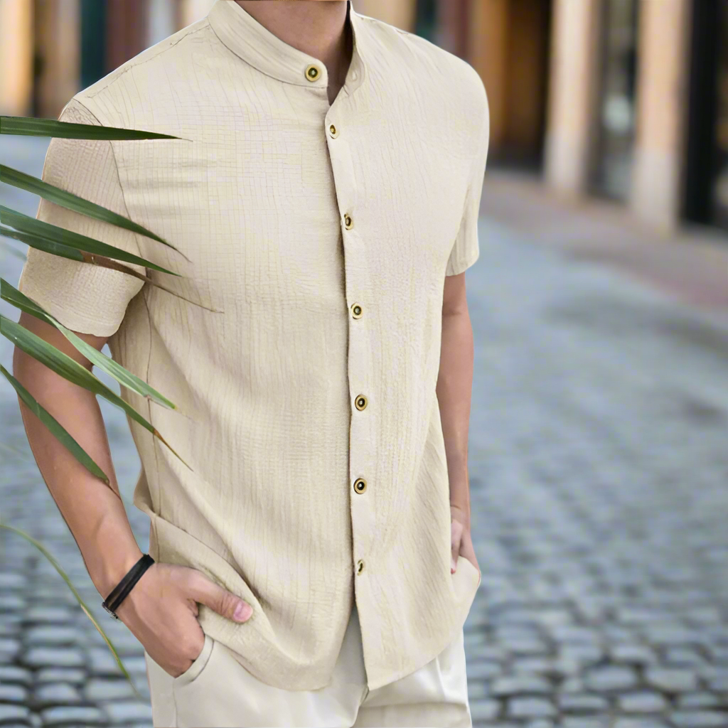 Sandro men's linen shirt, a breathable button-up top for beach style and resort wear.