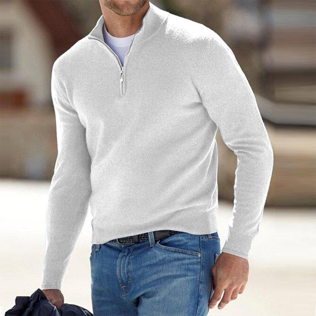 Men's comfortable Milo zip sweater in classic grey, perfect for versatile everyday wear and layering.