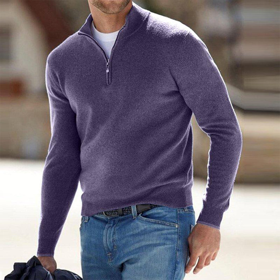 Comfortable men's Milo zip sweater, showcasing its relaxed fit and practical design for various occasions.