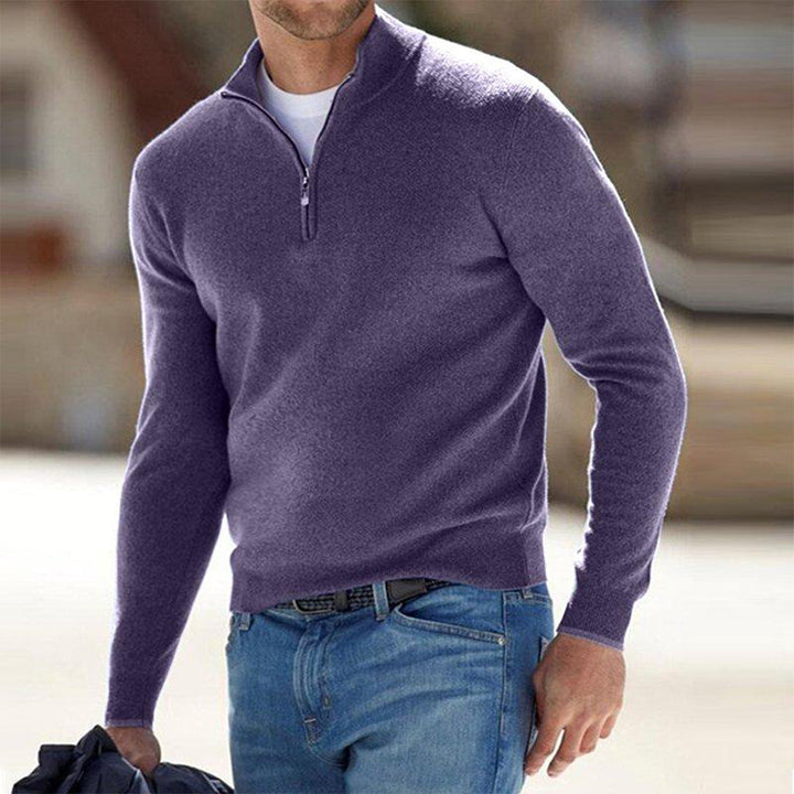 Comfortable men's Milo zip sweater, showcasing its relaxed fit and practical design for various occasions.