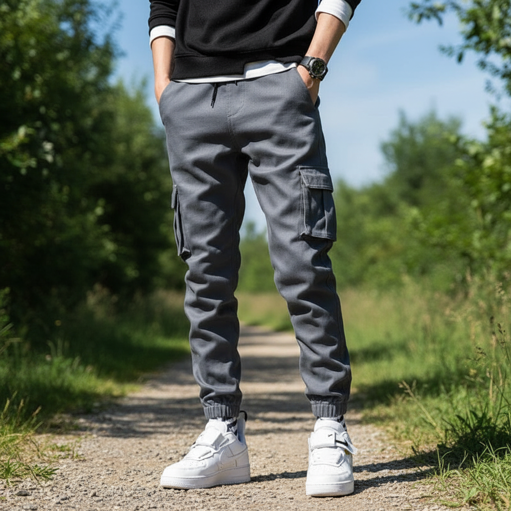 Men's comfortable multi-pocket cargo trousers in khaki, ideal for casual wear and utility.