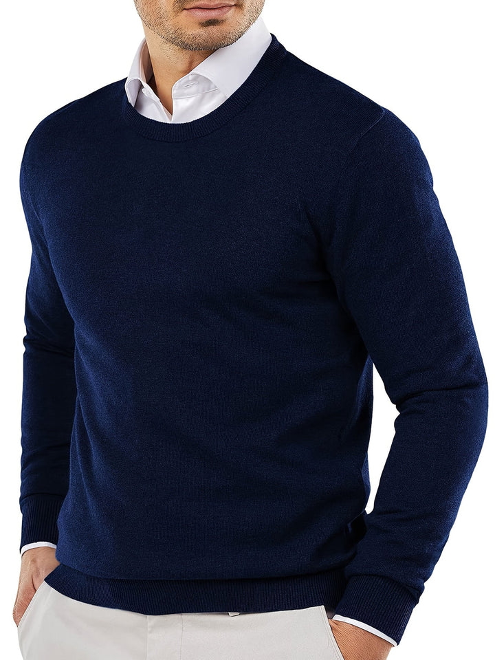Men's comfortable round neck knitted sweater. Timeless style, perfect for casual or smart casual looks.