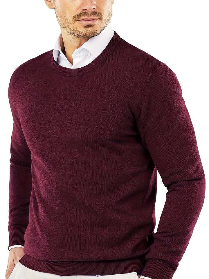 Cozy men's round neck knitted sweater. Ideal for fall fashion, offering warmth & timeless style.
