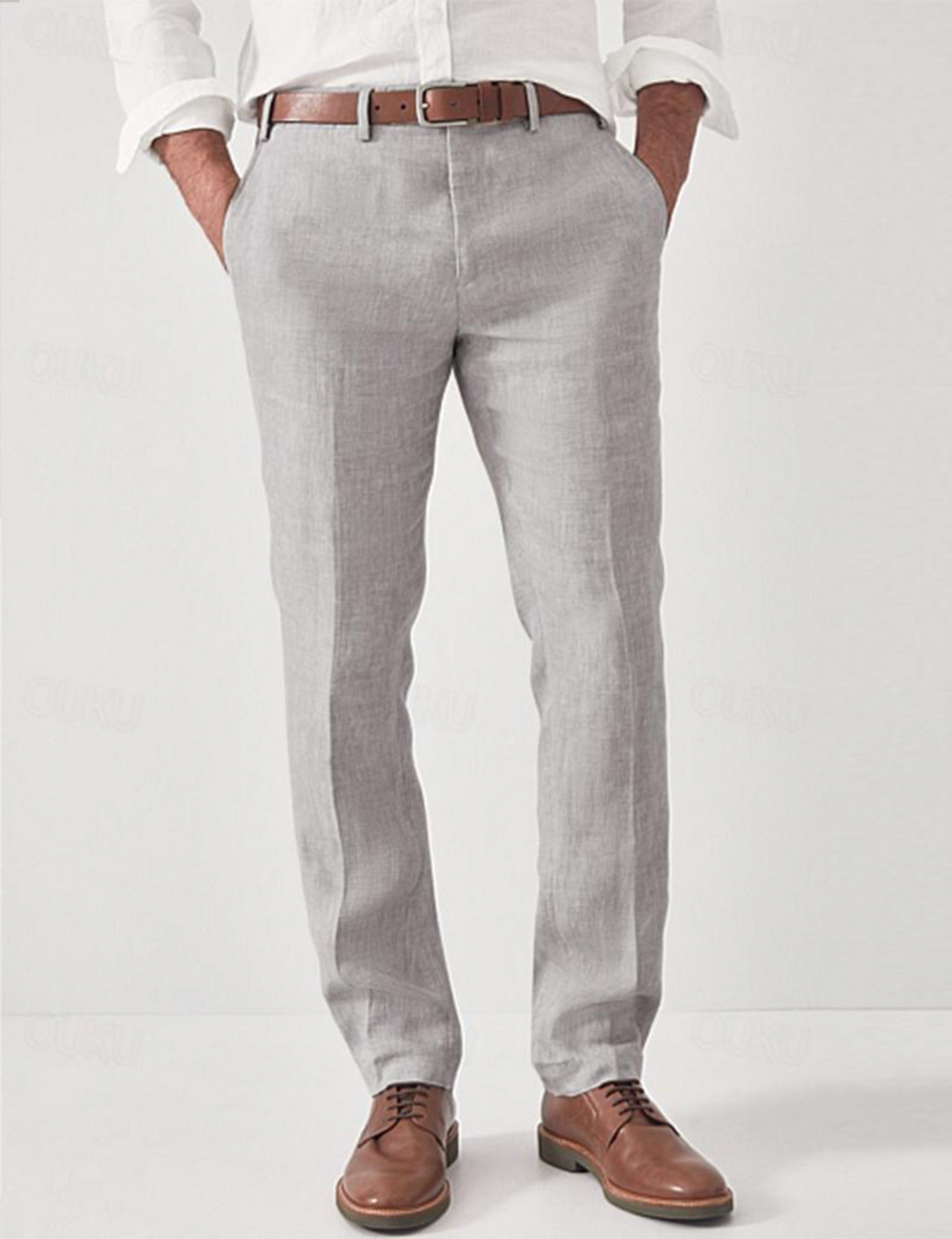 Stylish men's lightweight linen blend trousers, ideal for semi-formal or casual summer outfits, offering comfort.