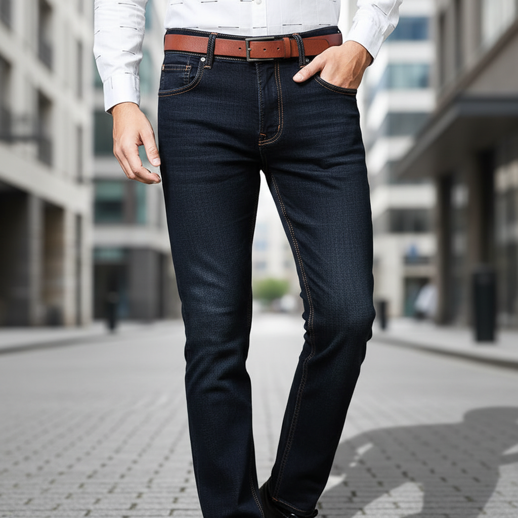 Men's comfortable straight fit denim jeans in a classic blue wash