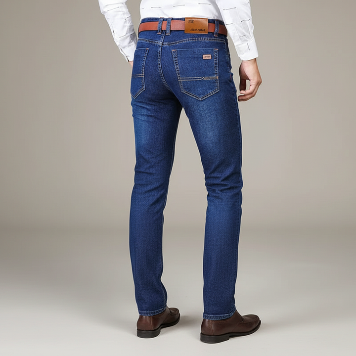 Men's apparel straight fit denim jeans offering comfort and durability