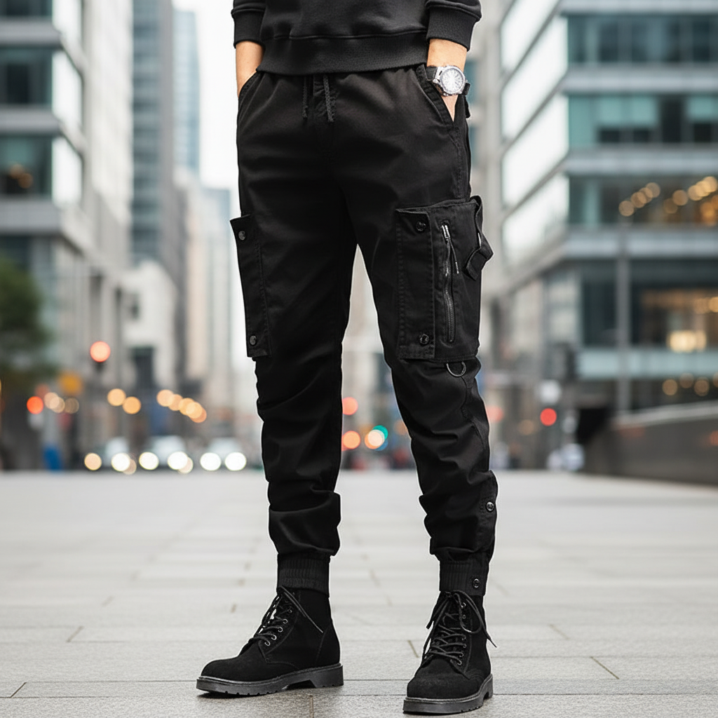 Men's comfortable stretch cargo trousers in olive green, slim fit, for casual wear