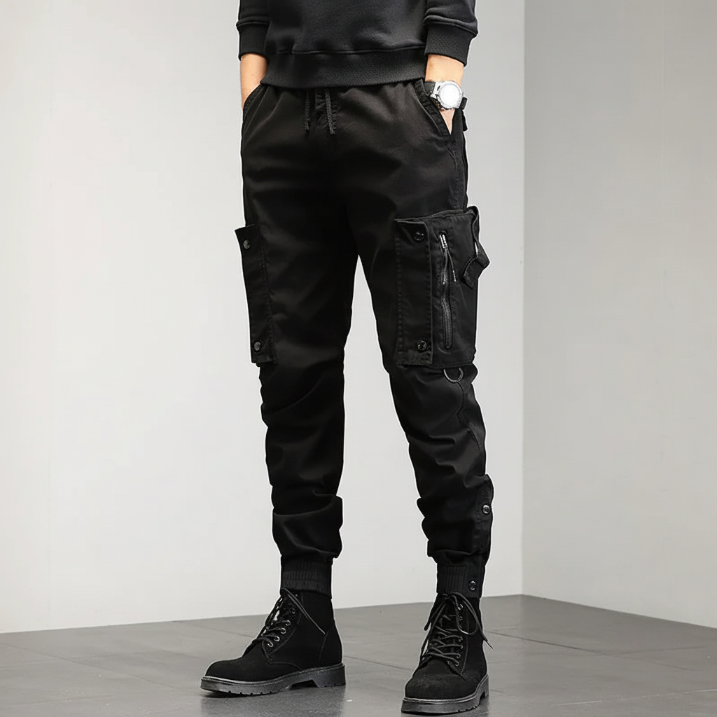 Detailed view of cargo pocket on men's stretch trousers, ideal for utility and storage
