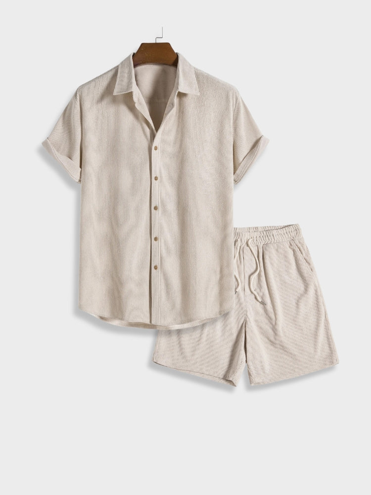 Men's corduroy summer shirt and shorts set. Breathable casual loungewear outfit for warm days.