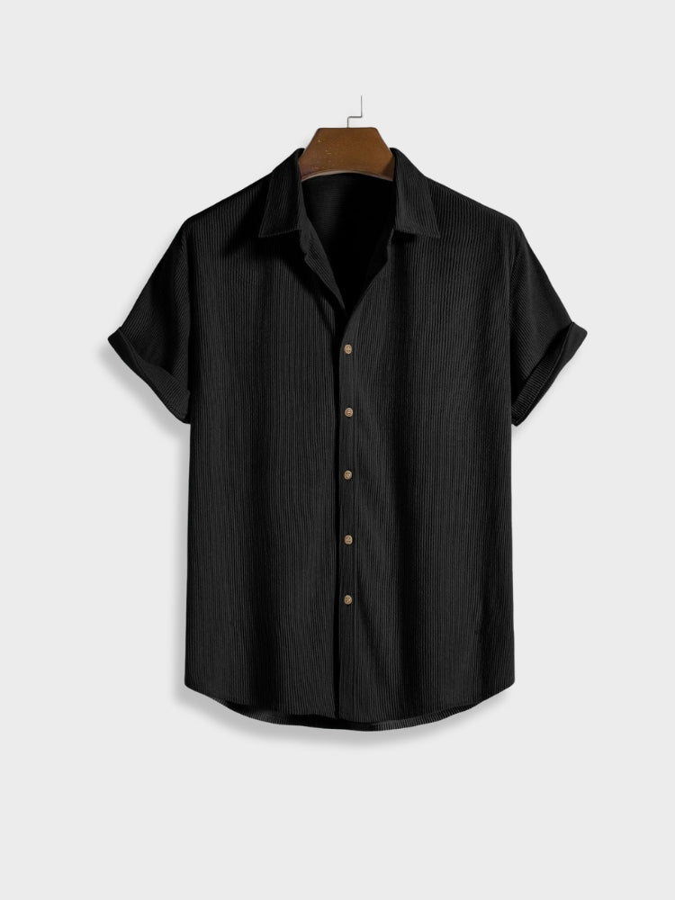 Men's casual summer loungewear: soft corduroy short-sleeve shirt and elastic waist shorts set.