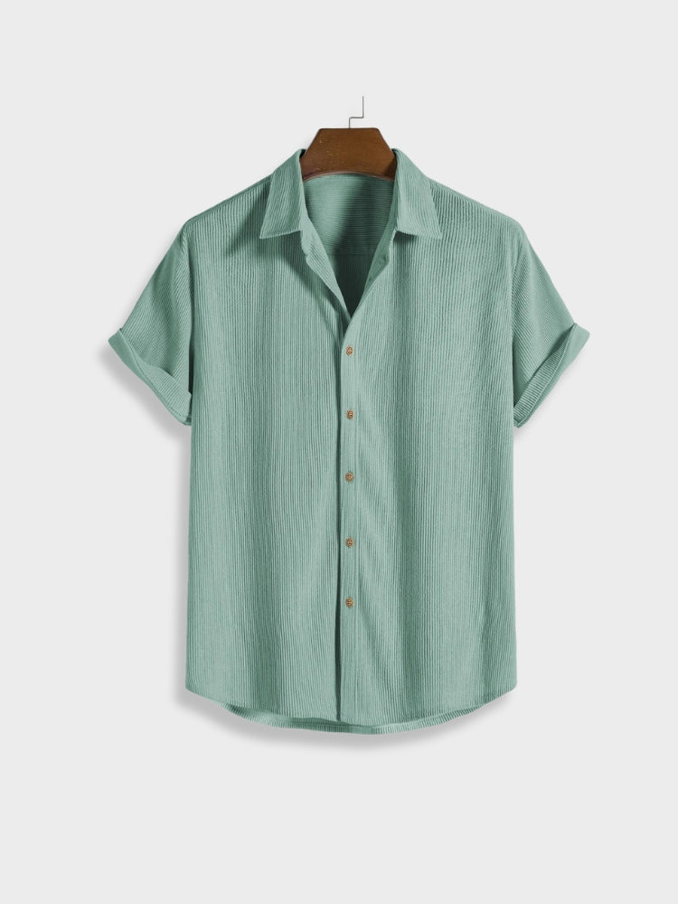 Relaxed fit men's corduroy summer set, featuring a button-up shirt and comfortable shorts.