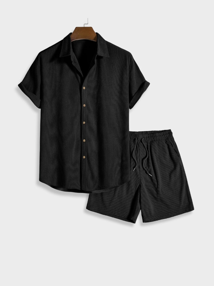 Front view of a men's corduroy summer shirt and shorts set. Casual, relaxed fit outfit.