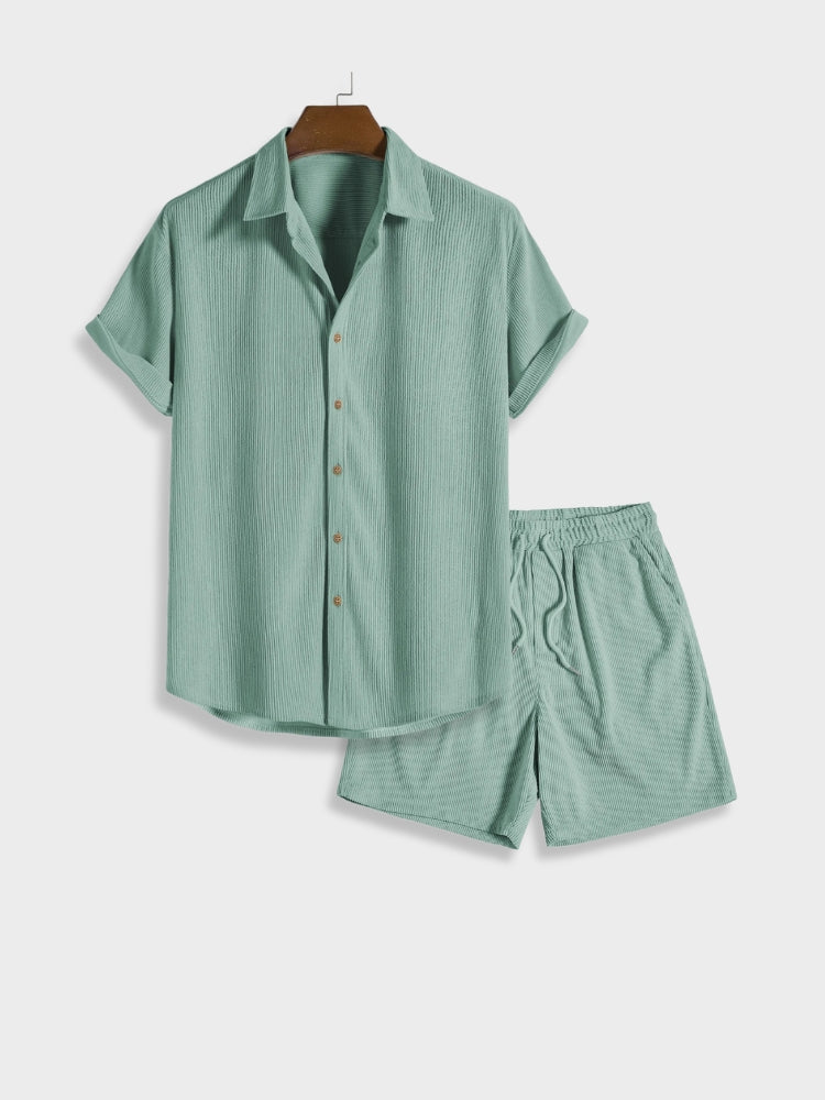 Back view of a men's corduroy summer shirt & shorts set, showcasing the comfortable, relaxed design.