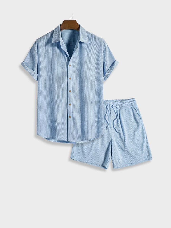 Close-up of men's soft corduroy fabric from a summer shirt and shorts casual set.