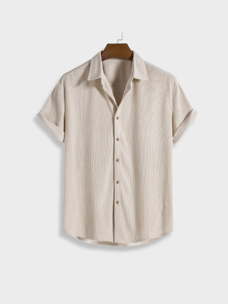 Men's corduroy button-up summer shirt paired with matching casual shorts. Breathable set.
