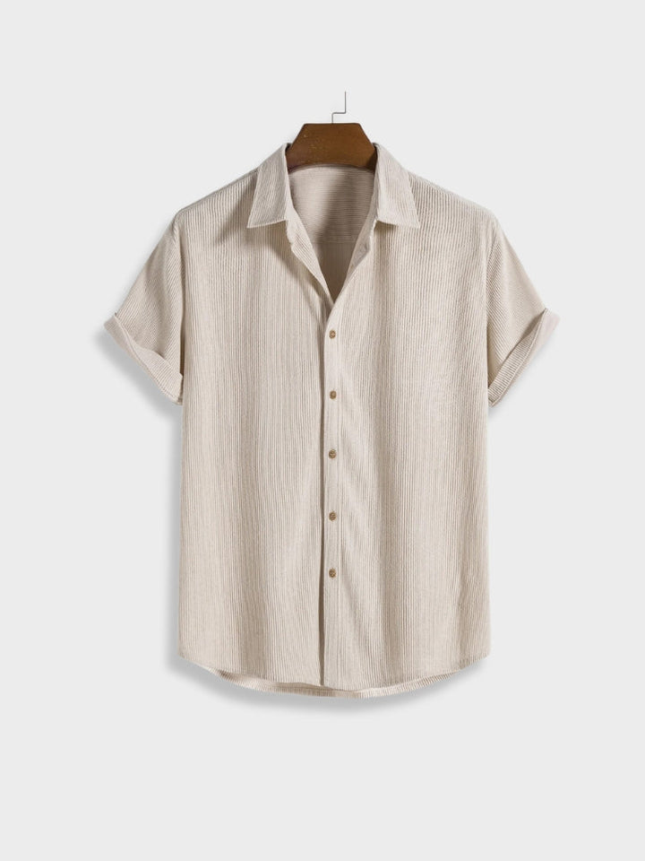 Men's corduroy button-up summer shirt paired with matching casual shorts. Breathable set.