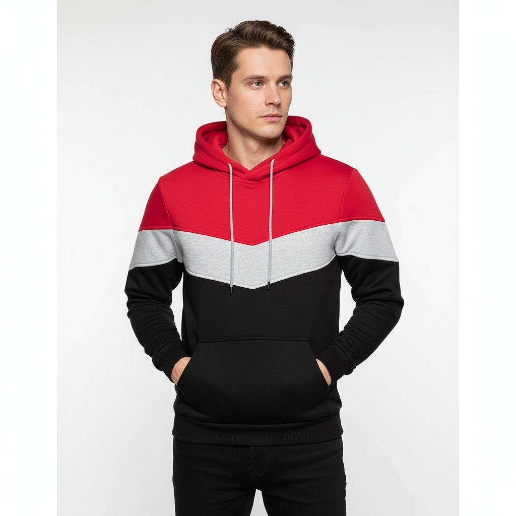 Model wearing a men's cozy cotton blend pullover hoodie, showcasing its comfortable and relaxed fit.