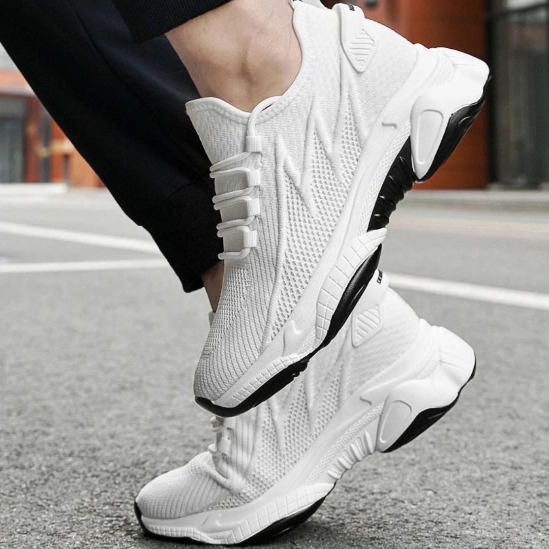 White men's height-increasing sneakers. Discreet lift casual footwear for enhanced confidence.