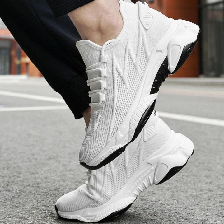 White men's height-increasing sneakers. Discreet lift casual footwear for enhanced confidence.