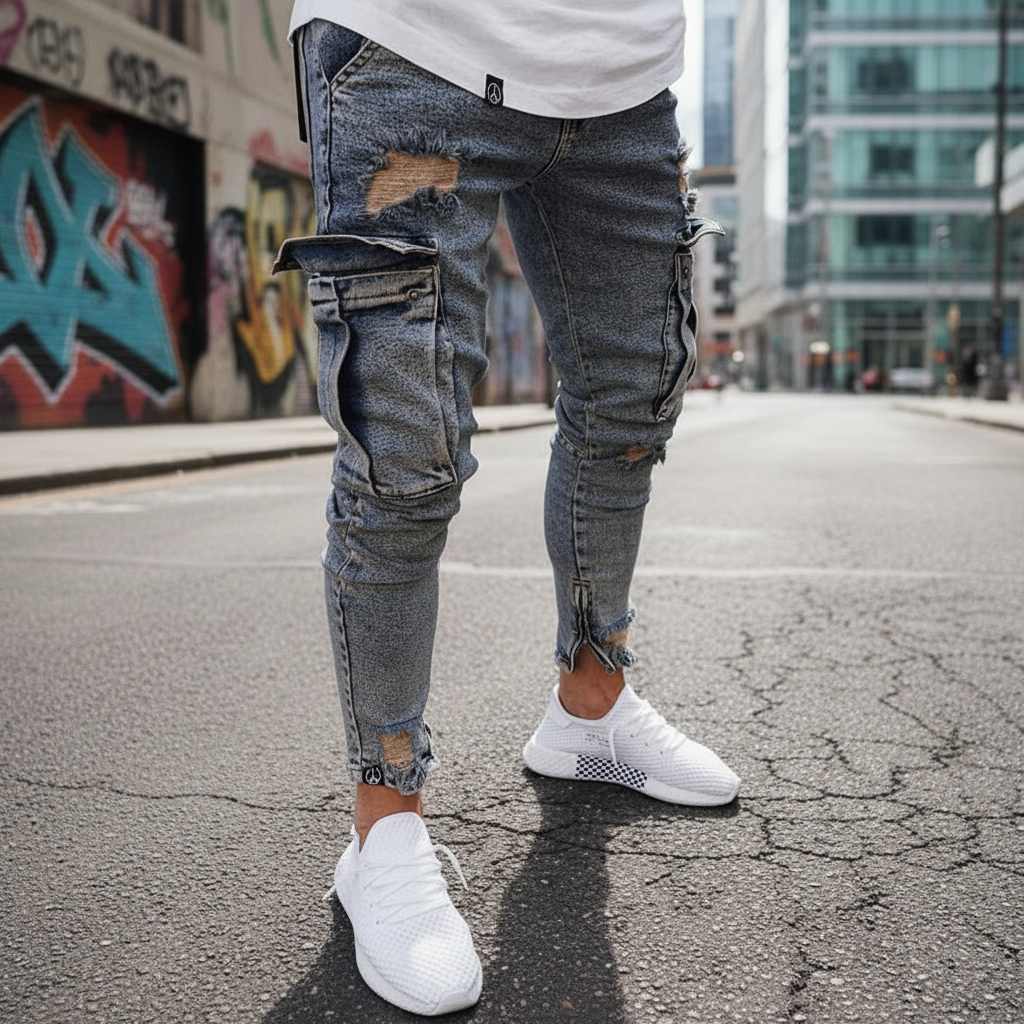 Men's distressed denim cargo trousers, dark wash, comfort fit, with spacious side pockets.