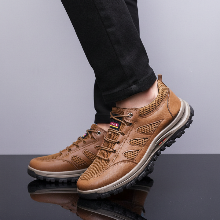 High-top men's leather hiking boots offering robust support and comfort