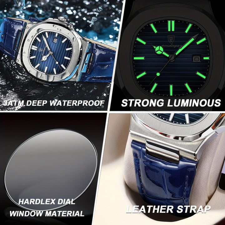Elegant men's quartz watch featuring a robust stainless steel band and splash-proof design.
