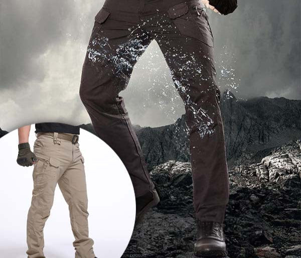 Outdoor men's tactical pants, cargo pockets, designed for flexibility & active wear.