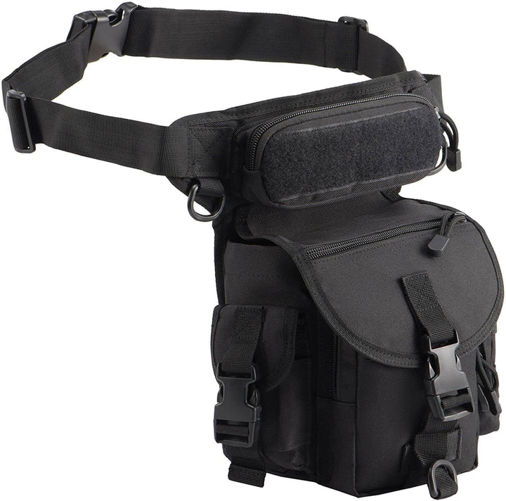Multi-functional men's drop leg bag, water-resistant design with MOLLE system for adaptable outdoor use.