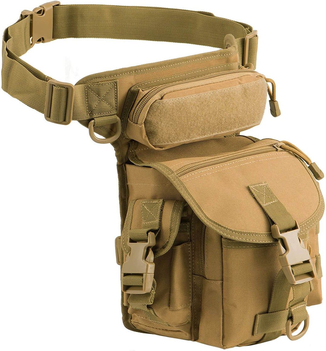 Black tactical utility pouch, a water-resistant drop leg bag for men, featuring adjustable straps.