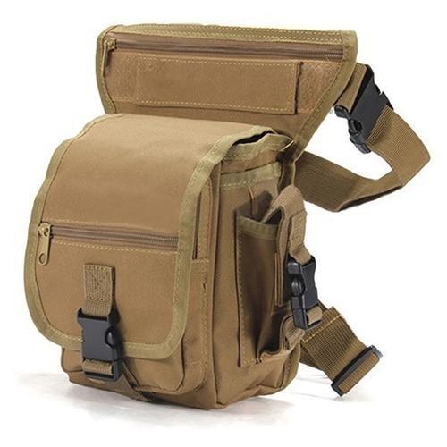 Adventure-ready men's drop leg bag with MOLLE webbing, water-resistant for hiking & motorcycle trips.