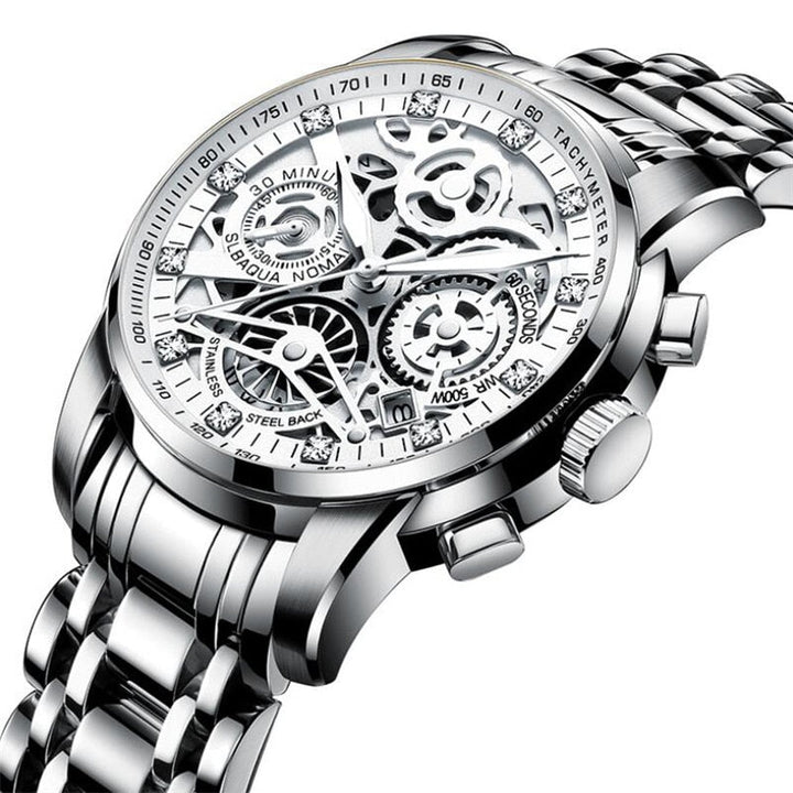 Sophisticated men's automatic skeleton timepiece, crafted with luxury stainless steel.