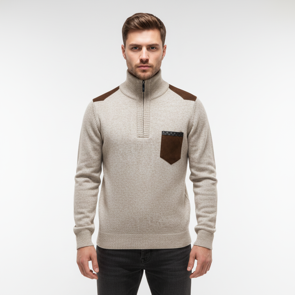 Fashionable men's long-sleeve sweater, relaxed fit, with a contemporary edge zipper