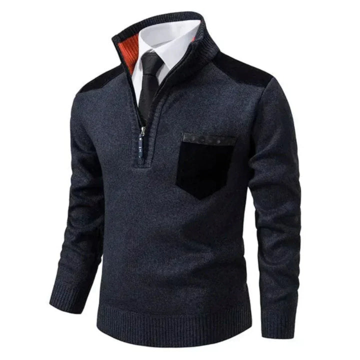 Men's casual long sleeve jumper in dark grey, featuring an edgy zipper neckline