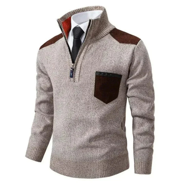Warm men's autumn wear: long-sleeve jumper with functional edge zipper in blue