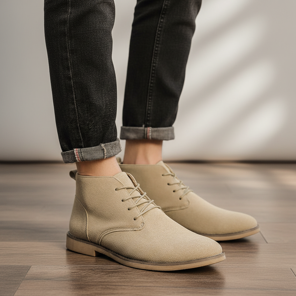 Men's elegant black faux suede lace-up ankle boots, a classic and comfortable formal shoe.