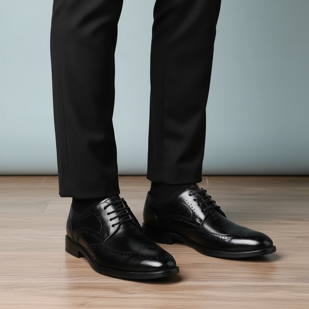 Men's elegant black leather lace-up dress shoes, perfect for business and formal occasions.