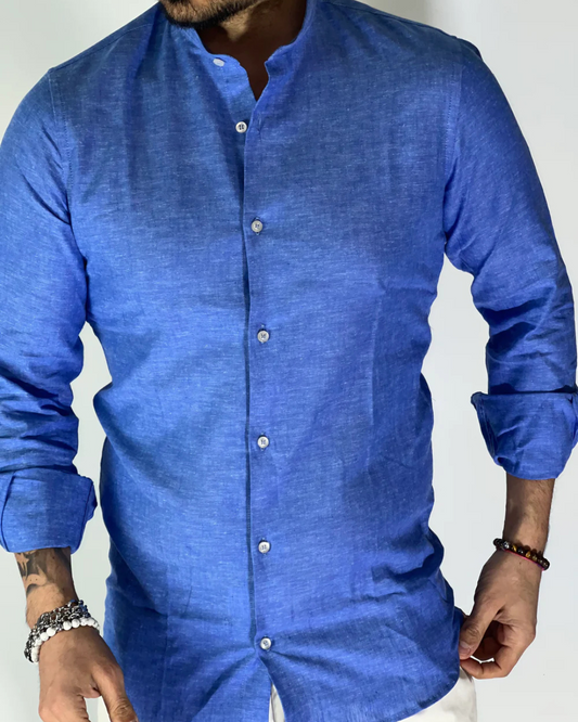 Men's elegant slim-fit linen mandarin collar shirt, natural fabric