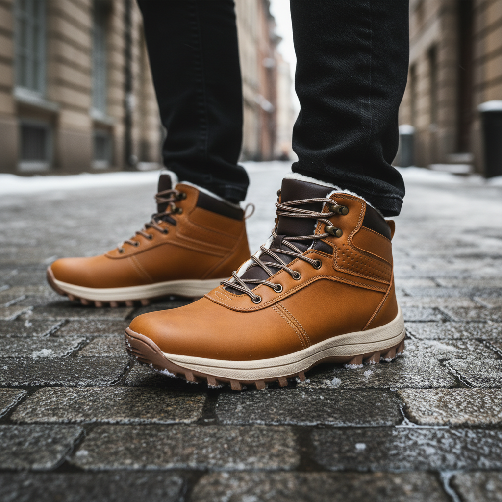 Men's ergonomic lined winter boots for cold weather, dark brown with non-slip sole