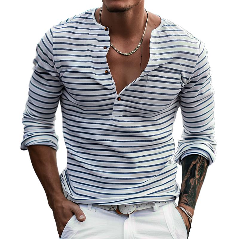 Men's Ewan striped Henley long sleeve shirt, blue and white, casual, comfortable cotton blend