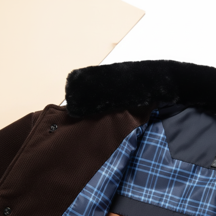 Men's winter jacket details: zipper, pockets, and hood, combining style and function.
